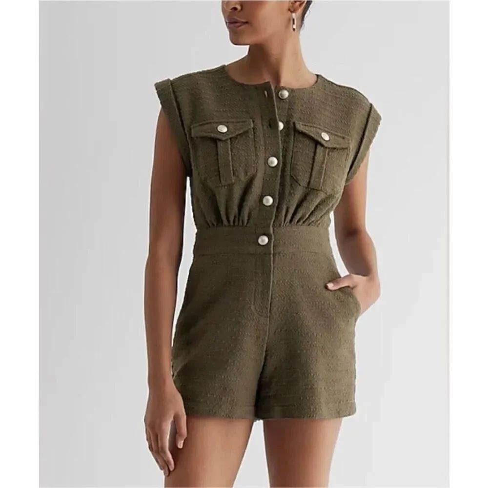 Express Tweed Sleeveless Utility Romper Army Green Sz 10 Military Whimsical